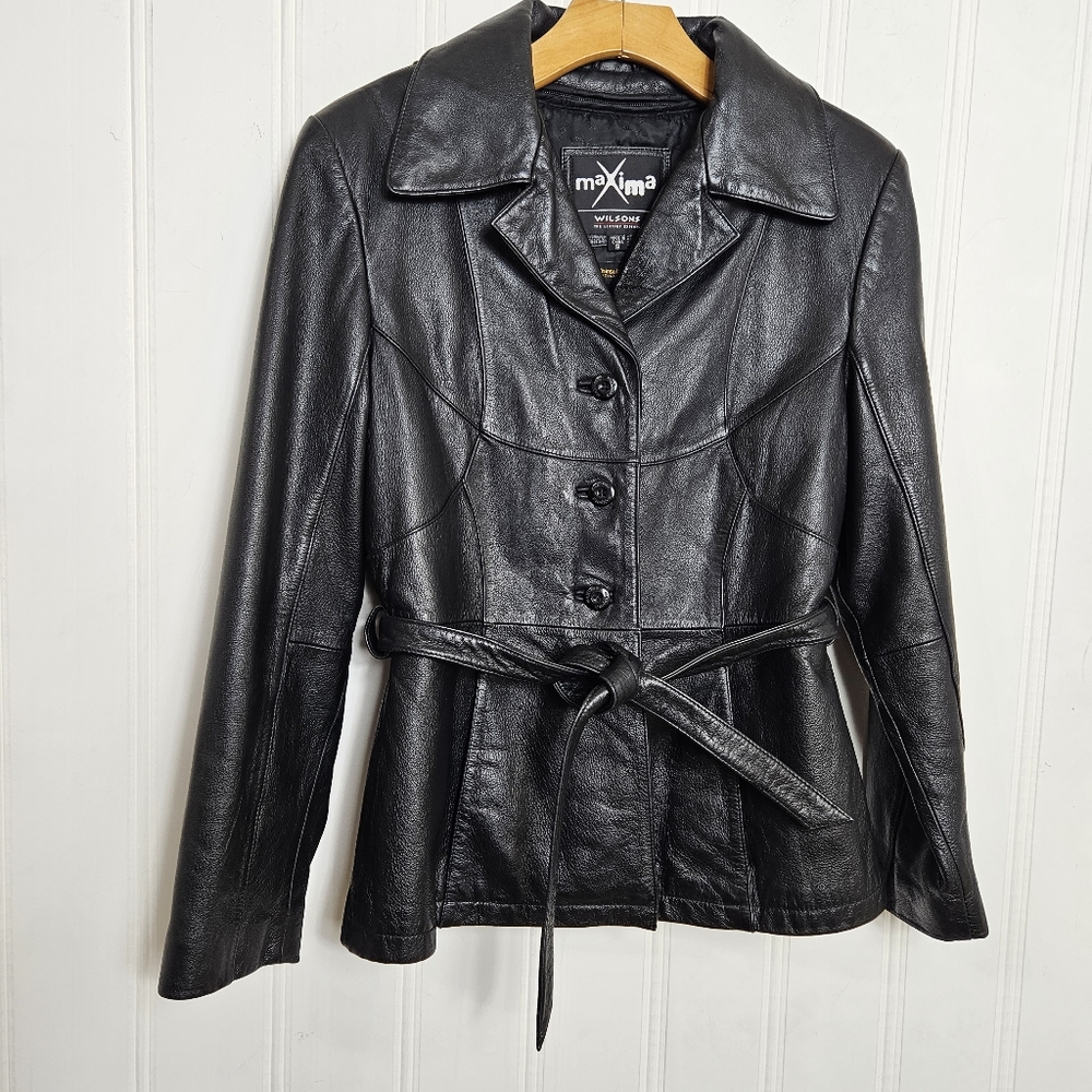 Vintage Wilson Maxima Black Leather Belted Trench Coat Jacket Size S Cinch Waist - Picture 2 of 12
